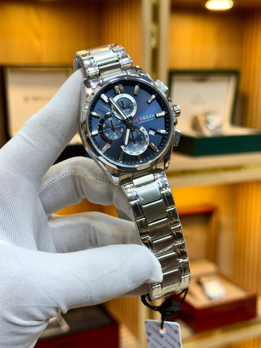 CURREN Chronograph Men’s Watch – Deep Blue Dial | Silver Steel Strap