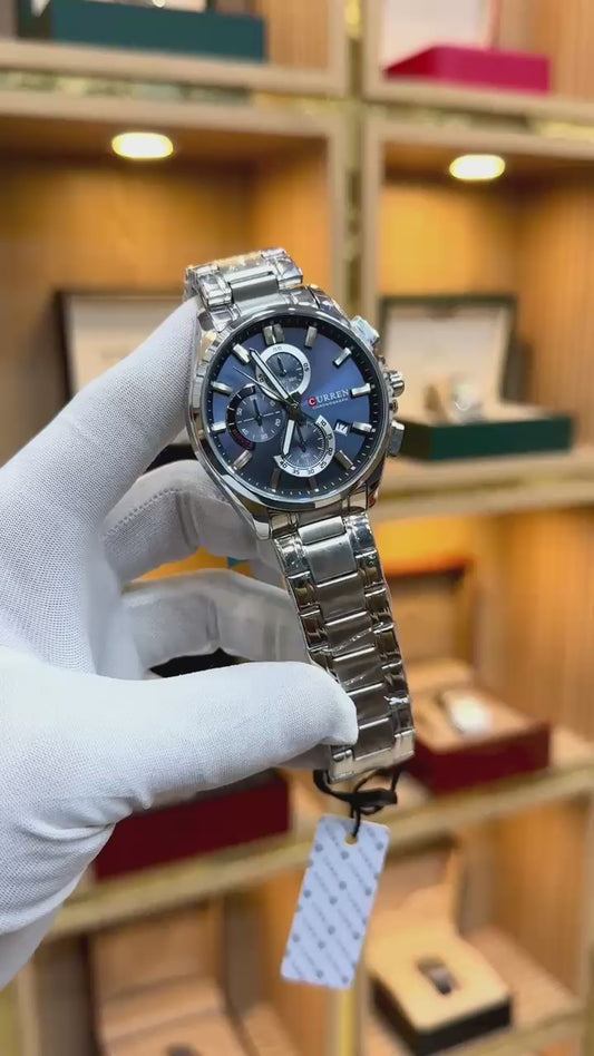 CURREN Chronograph Men’s Watch – Deep Blue Dial | Silver Steel Strap