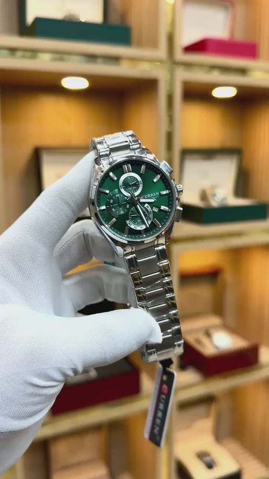CURREN Chronograph Men’s Watch – Green Dial | Silver Steel Strap(ORIGINAL)